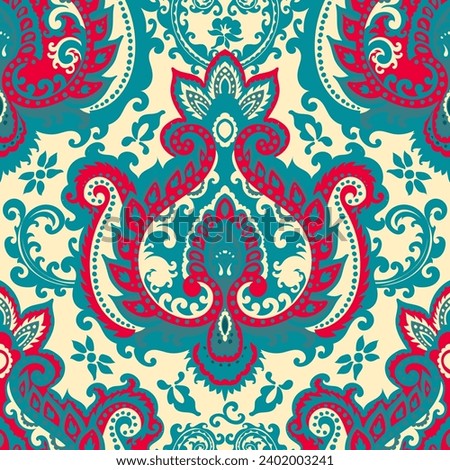 Decorative composition with leaves and branches. Modern paisley adornment with blossom and flourishing, branches and twigs. Seamless pattern, wallpaper or background print. Vector in flat style