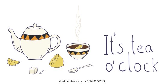 Decorative composition with lettering handwritten with cursive font, teapot cup or mug with lemon and sugar isolated on white background. Utensils for tea steeping and drinking. Cartoon illustration
