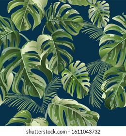 Decorative composition with monstera leaves. Exotic seamless pattern on a blue background. Vector illustration.