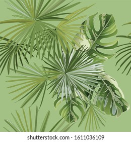 Decorative composition with monstera leaves and palm trees. Exotic seamless pattern on a green background. Vector illustration.