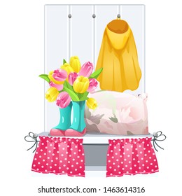 Decorative composition on the shelf of a bouquet of tulips in boots, jacket and soft pillows and curtains isolated on a white background. Vector cartoon close-up illustration.