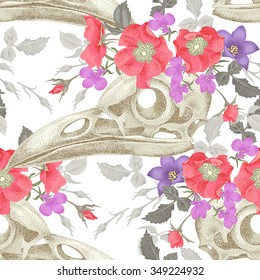 Decorative composition on the theme of death. Seamless pattern with skulls, flowers and feathers of a raven on a white background.