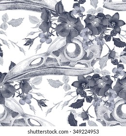 Decorative composition on the theme of death. Seamless pattern with skulls, flowers and feathers of crows in black and white.