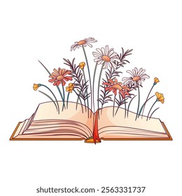 Decorative composition of open book with flowers. Hand-drawn vector illustration for decoration of bookstore, library, card design, poster. Book lover concept.