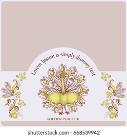 Decorative composition with a peacock. Design of posters, postcards, emblems with space for text. Composition for printing on fabric or paper, gift wrapping.