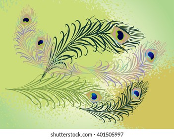 Decorative composition with peacock feather. engraving style. vector illustration. 