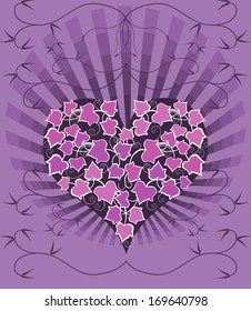 Decorative composition with pink bunch of abstract ivy on heart shape. Gothic background in dark colors. Composition for unusual Valentine's Day greetings. Vector elements are grouped.  