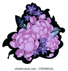 Decorative composition of pink and violet flowers with herbs and leaves on a dark background, vector illustration.