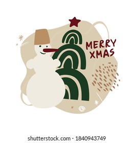 Decorative composition with a snowman, Christmas tree, star, lettering merry Xmas on abstract background. Vintage banner with winter mood for greetings in Scandinavian style. Flat Vector illustration.
