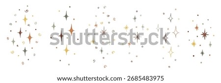 Decorative composition of stars, sparkles, dots in autumn colors. Chalk, crayon, pastel, pencil textured hand drawn. Childlike doodle vector illustration isolated for seasonal festive design projects