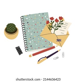 Decorative composition with stationery. keeping a diary, writing letters, daily pleasures. Cute house  plants. Objects on the table. Top view. Flat style in vector illustration.