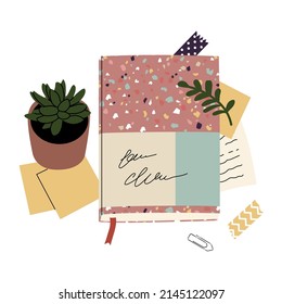 Decorative composition with stationery. keeping a diary, writing letters, daily pleasures. Cute house  plants. Objects on the table. Top view. Flat style in vector illustration.