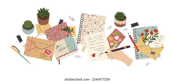 Decorative composition with stationery. keeping a diary, writing letters, daily pleasures. Cute house  plants. Objects on the table. Top view. Flat style in vector illustration.