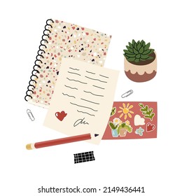 Decorative composition with stationery. keeping a diary, writing letters, daily pleasures. Cute house  plants. Objects on the table. Top view. Flat style in vector illustration.