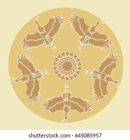 Decorative Composition with Storks and the Sun. Vector Illustration