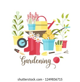 Decorative composition with tools and equipment for eco gardening, agricultural work, organic plants cultivation isolated on white background. Colorful vector illustration in modern flat style.