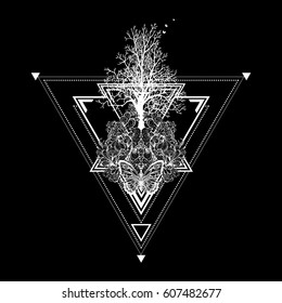 Decorative composition of tree, floral ornament and butterflies on a geometric background made of triangles.Unique design for tattoos, printing on t-shirts. Vector illustration of poster, postcard.