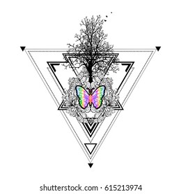 Decorative composition of tree, floral ornament and butterflies on a geometric background made of triangles. Unique design for tattoos, printing on t-shirts. Vector illustration of poster, postcard.