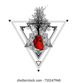 Decorative composition of tree and heart, floral ornament on a geometric background. Tattoo, printing on t-shirts. Vector illustration of poster. A symbol of life, of energy. The human heart. Triangle