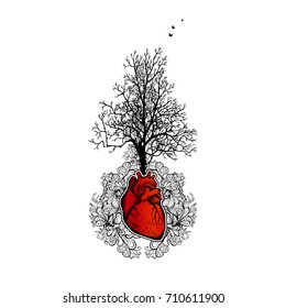 Decorative composition of tree and heart, floral. Tattoo, printing on t-shirts. Vector illustration of poster. A symbol of life, of energy, feelings. The human heart.  Vector illustration with a heart