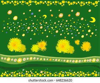 Decorative composition of yellow dandelions against the background of green grass. Vector illustration for greeting card, paper, textile
