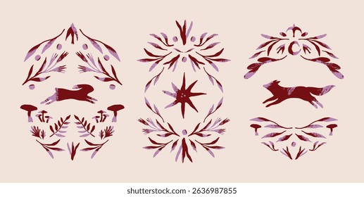 Decorative compositions with foxes, mushrooms, berries, branches and floral elements. Abstract layout. Illustration for stickers, prints, cards, posters. Vector illustration.