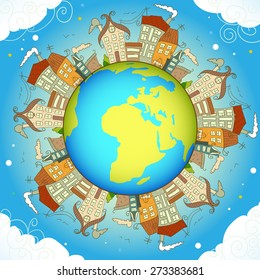 Decorative concept card with houses around Earth, eps10