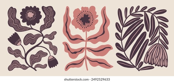 Flores elegantes contemporáneas decorativas en estilo matisse con adornos. Abstractas flores decorativas de colores pastel, Formas orgánicas naif. Ilustración estética de garabato de Vector moderno.