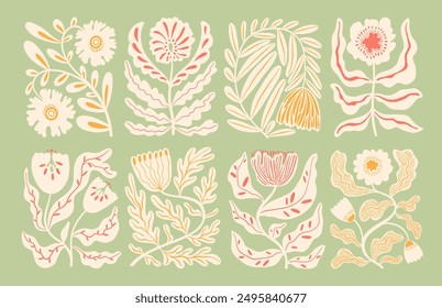 Flores decorativas contemporáneas elegantes en estilo matisse con adornos. Abstractas flores decorativas de colores pastel, Formas orgánicas ingenuas. Ilustración de doodle de Vector moderno estético.