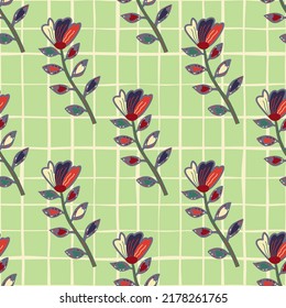 Flores contemporáneas decorativas, sin fisuras. Resumen de papel de pared de flores. Arte naïve. Plantas botánicas extrañas, papel de pared sin fin. Diseño para tela, impresión textil, envoltura, cubierta. 