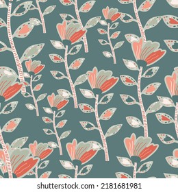Decorative contemporary flowers seamless pattern. Abstract floral wallpaper. Naive art. Strange botanical plants endless wallpaper. Design for fabric, textile print, wrapping, cover.