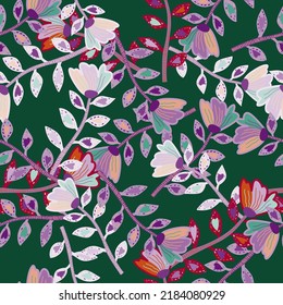 Flores contemporáneas decorativas, sin fisuras. Resumen de papel de pared de flores. Arte naïve. Plantas botánicas extrañas, papel de pared sin fin. Diseño para tela, impresión textil, envoltura, cubierta.