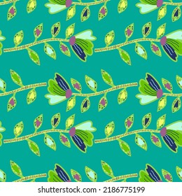 Flores contemporáneas decorativas, sin fisuras. Resumen de papel de pared de flores. Arte naïve. Plantas botánicas extrañas, papel de pared sin fin. Diseño para tela, impresión textil, envoltura, cubierta. 