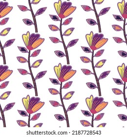 Flores contemporáneas decorativas, sin fisuras. Resumen de papel de pared de flores. Arte naïve. Plantas botánicas extrañas, papel de pared sin fin. Diseño para tela, impresión textil, envoltura, cubierta. 