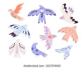 Decorative contemporary folk abstract birds. Birdy floral shapes, flying bird graphic silhouette. Peace dove, simple nature shapes. Racy scandinavian vector design