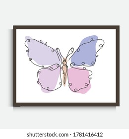 Decorative continuous line drawing butterfly, design element. Can be used for wall prints, cards, invitations, banners, posters, print design. Minimalist line art. Wall decor
