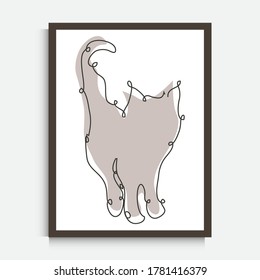 Decorative continuous line drawing cat, design element. Can be used for wall prints, cards, invitations, banners, posters, print design. Minimalist line art. Wall decor