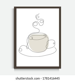 Decorative continuous line drawing coffee tea cup, design element. Can be used for wall prints, cards, invitations, banners, posters, print design. Minimalist line art. Wall decor