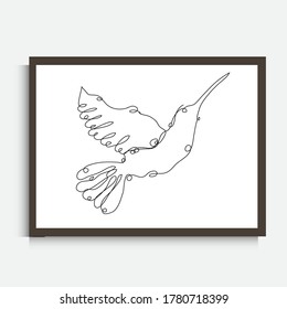 Decorative continuous line drawing colibri, design element. Can be used for wall prints, cards, invitations, banners, posters, print design. Minimalist line art. Wall decor