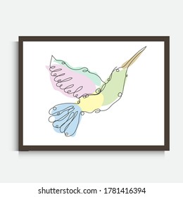 Decorative continuous line drawing colibri, design element. Can be used for wall prints, cards, invitations, banners, posters, print design. Minimalist line art. Wall decor