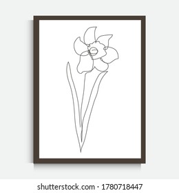 Decorative continuous line drawing daffodill flower, design element. Can be used for wall prints, cards, invitations, banners, posters, print design. Minimalist line art. Wall decor