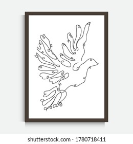 Decorative continuous line drawing dove, design element. Can be used for wall prints, cards, invitations, banners, posters, print design. Minimalist line art. Wall decor