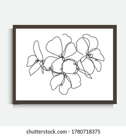 Decorative continuous line drawing geranium flower, design element. Can be used for wall prints, cards, invitations, banners, posters, print design. Minimalist line art. Wall decor