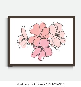 Decorative continuous line drawing geranium flower, design element. Can be used for wall prints, cards, invitations, banners, posters, print design. Minimalist line art. Wall decor