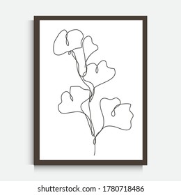 Dekorative kontinuierliche Linie Zeichnung gingko, Design-Element. Kann für Wandabdrücke, Karten, Einladungen, Banner, Poster, Print-Design verwendet werden. Minimalistische Linienkunst. Wanddekor