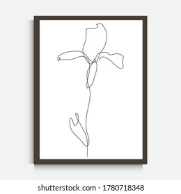 Decorative continuous line drawing iris flower, design element. Can be used for wall prints, cards, invitations, banners, posters, print design. Minimalist line art. Wall decor
