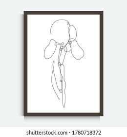 Decorative continuous line drawing iris flower, design element. Can be used for wall prints, cards, invitations, banners, posters, print design. Minimalist line art. Wall decor