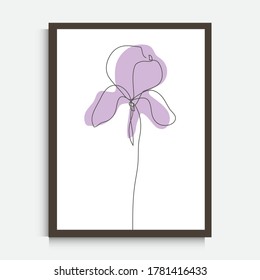 Decorative continuous line drawing iris flower, design element. Can be used for wall prints, cards, invitations, banners, posters, print design. Minimalist line art. Wall decor