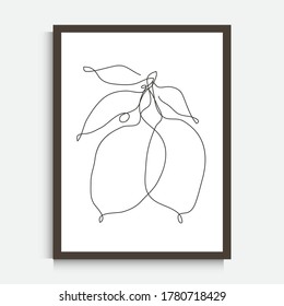 Decorative continuous line drawing lemon fruits, design elements. Can be used for wall prints, cards, invitations, banners, posters, print design. Minimalist line art. Wall decor
