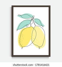 Decorative continuous line drawing lemon fruits, design elements. Can be used for wall prints, cards, invitations, banners, posters, print design. Minimalist line art. Wall decor